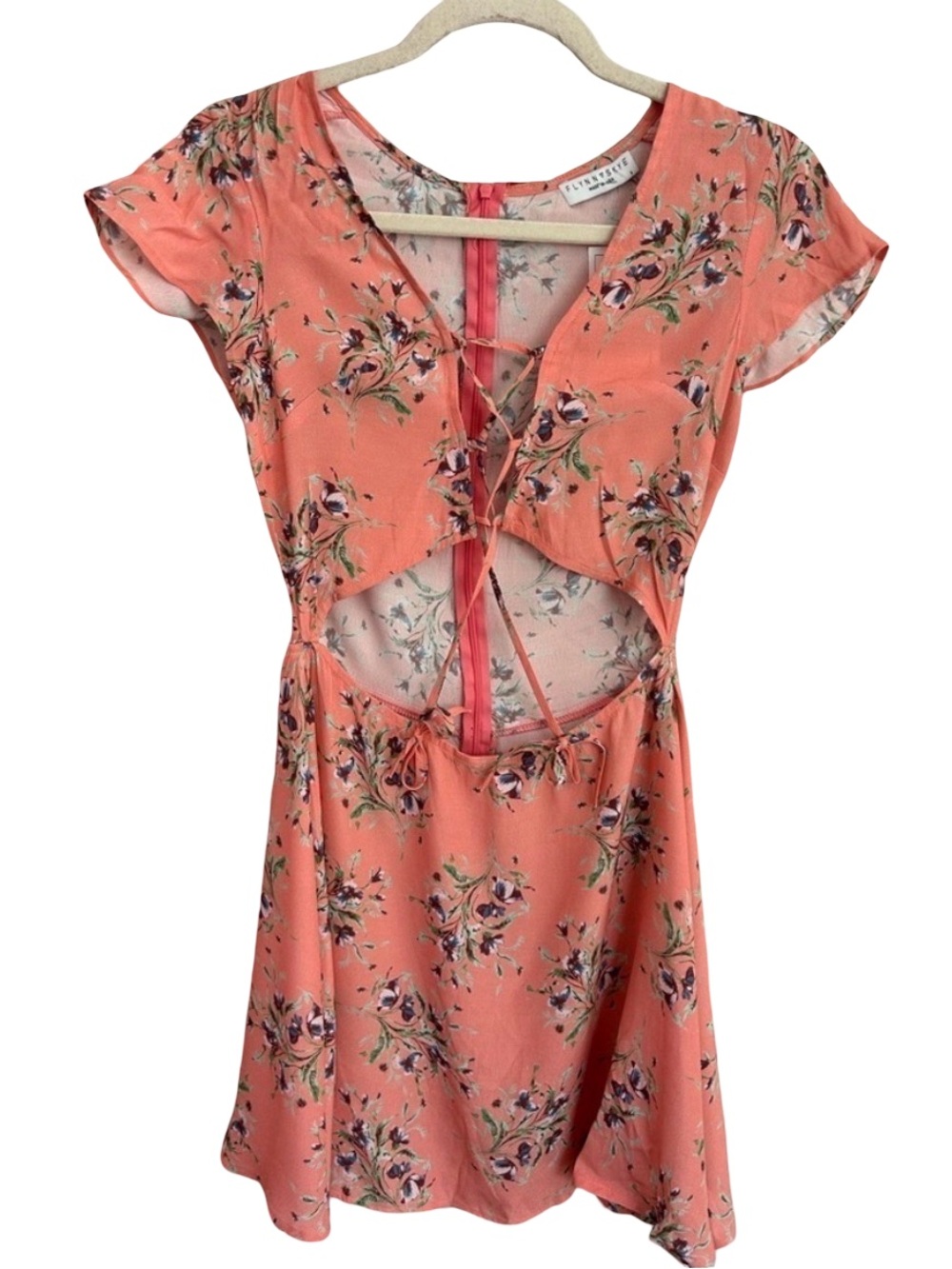 Anthropologie boho pink floral cutout lace up festival beach mini dress NWT S